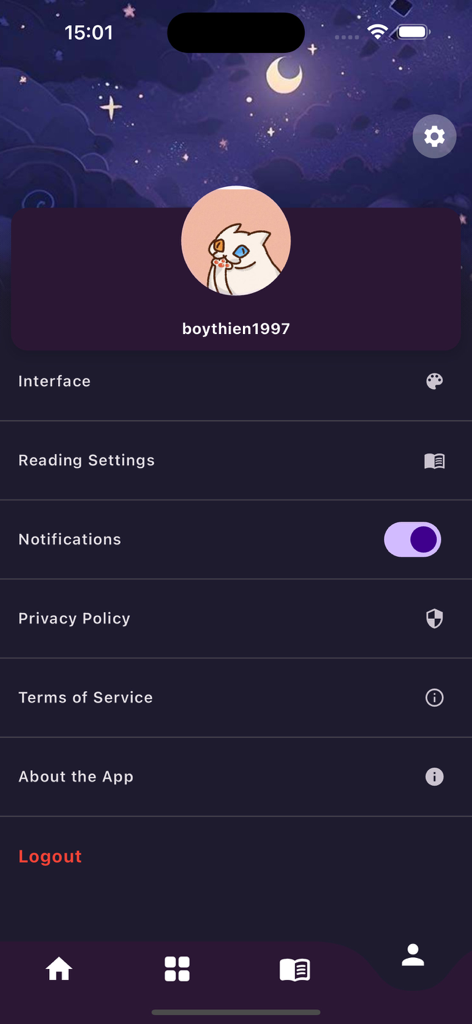 Cmanhua - User profile and settings interface of the Cmanhua app featuring reading customization and notification toggles