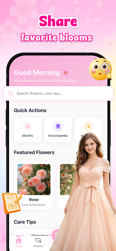 Bloom - Your Floral Expert - The home screen of the Bloom app featuring flower identification and gardening tips