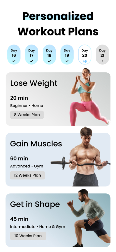 Fitonist app interface showing personalized workout plans for weight loss muscle gain and fitness tracking
