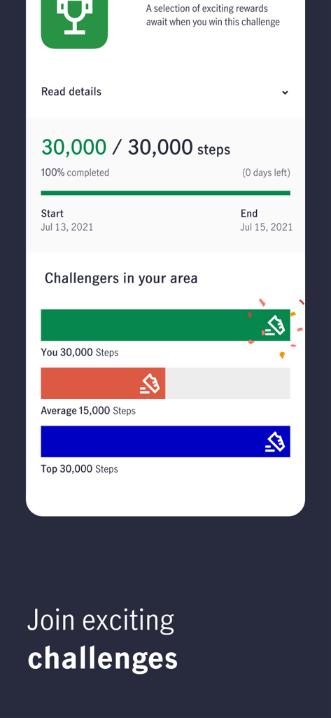 ManulifeMOVE - Benutzeroberfläche der ManulifeMOVE-App mit einer abgeschlossenen 30.000-Schritte-Herausforderung und Community-Rankings.