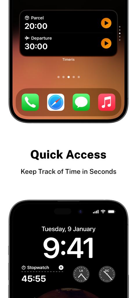 Timeris - Multi Timer Widgets - Timeris app interface showcasing home screen widgets and lock screen stopwatch for quick access