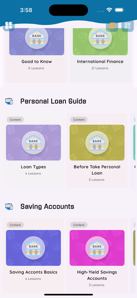 Learn Banking Offline [PRO] - Un'interfaccia mobile per un'app educativa che visualizza varie categorie di corsi di banking e finanza come Finanza Internazionale e Guida ai Prestiti Personali.