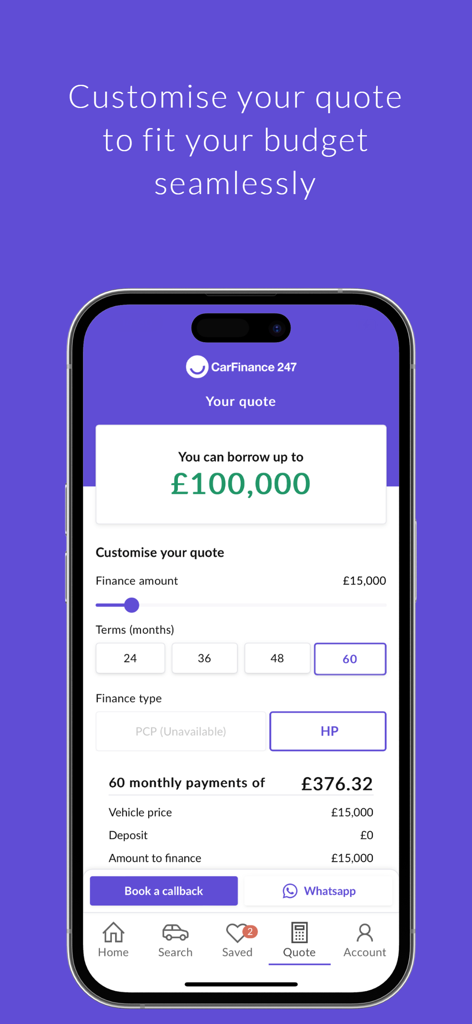 CarFinance 247 - Ecrã da aplicação CarFinance 247 para personalizar uma cotação de financiamento automóvel e calcular pagamentos mensais.