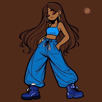 girl in baggy pants crop top and long hair