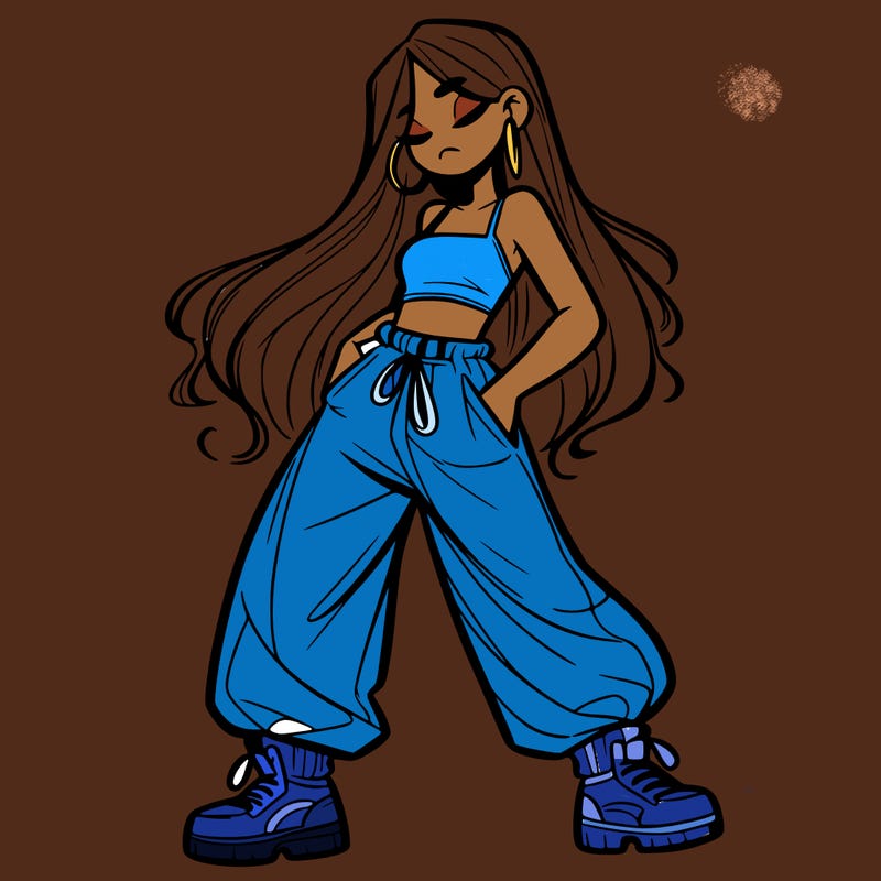 girl in baggy pants crop top and long hair