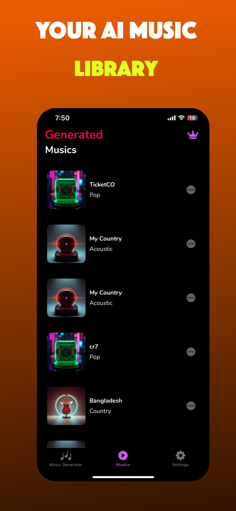 Music AI Song Generator, Cover - A mobile app screen displaying a list of AI generated songs in a library