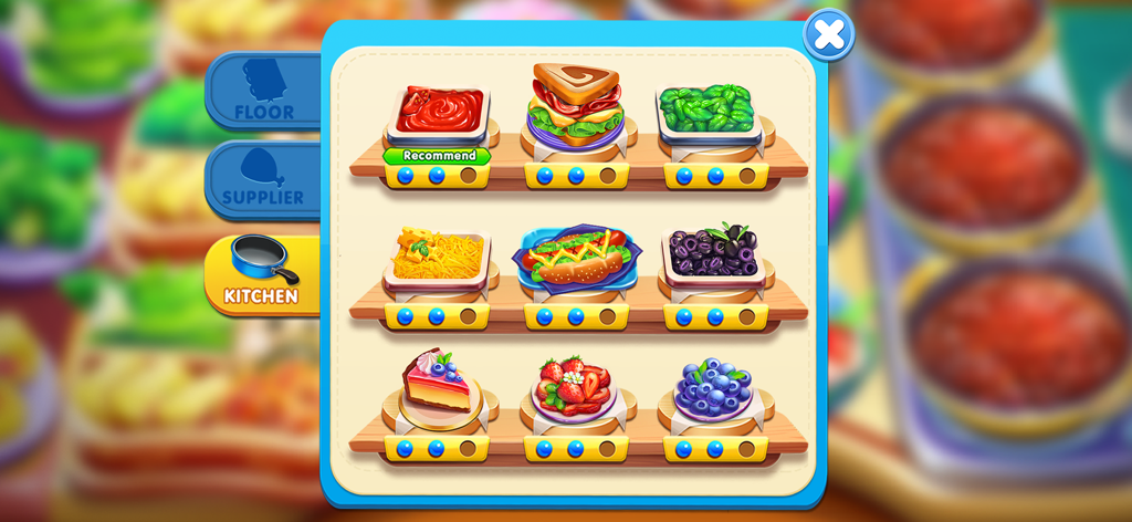 Kitchen upgrade menu showing various food ingredients in Cooking Train game