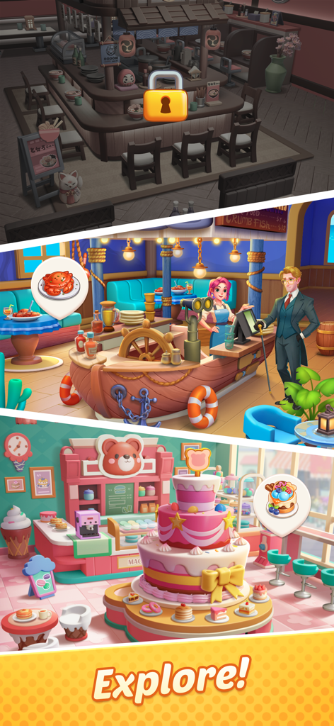 Gossip Street: Merge & Cook - Three different themed restaurant interiors to explore and renovate in Gossip Street