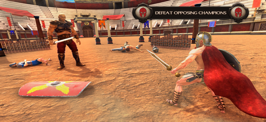 Gladiator Arena Glory - Eine 3D-Kampfszene in einer römischen Arena, die einen Gladiator mit rotem Umhang zeigt, der einem Gegner gegenübersteht