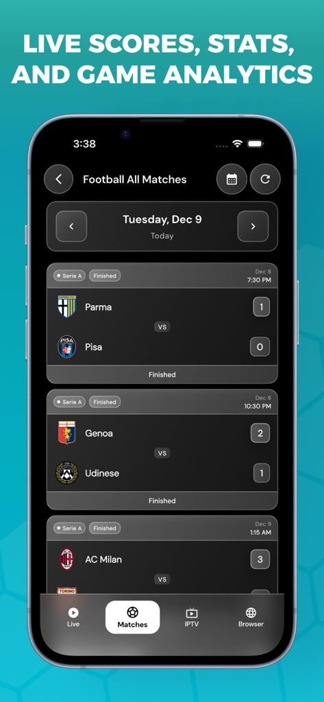 App Buffstreams che mostra punteggi live e risultati di partite di Serie A