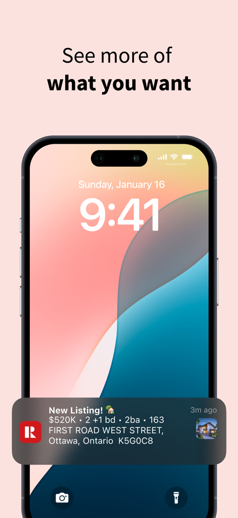 iPhone lock screen with a new house listing notification from the REALTOR.ca app