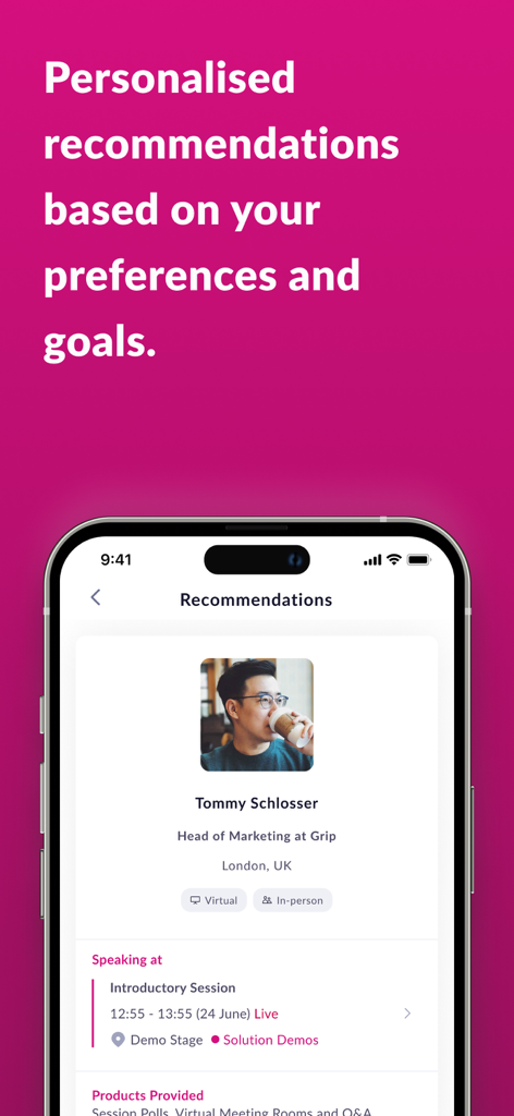 Paris Packaging Week - Schermata di raccomandazioni professionali personalizzate nell'app Paris Packaging Week