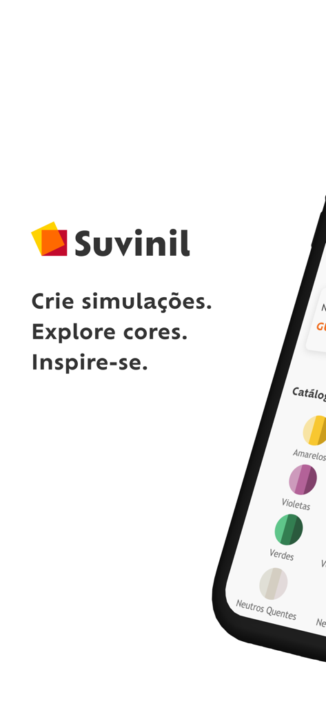 Suvinil Teste Sua Cor - Suvinil app intro screen showing paint color categories and simulation features on a mobile device