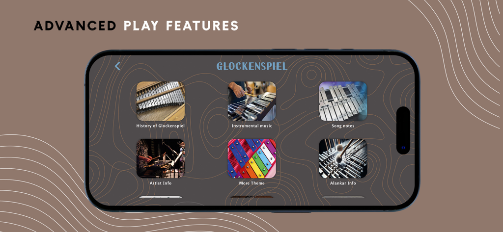 Glockenspiel - Real Sounds - グロッケンシュピールリアルサウンドアプリのメニュー画面で、曲のノートや楽器の履歴などの高度な再生機能が表示されています。