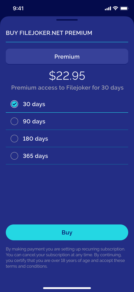 Página de suscripción premium de Zeus File Manager que muestra las opciones de precios y duración para el acceso a Filejoker