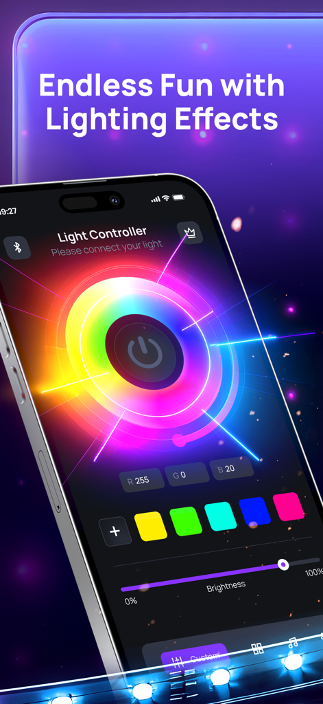 Lotus Light Lantern: Led Strip - Smartphone screen showing the Lotus Light app interface with a rainbow color wheel for LED strip control