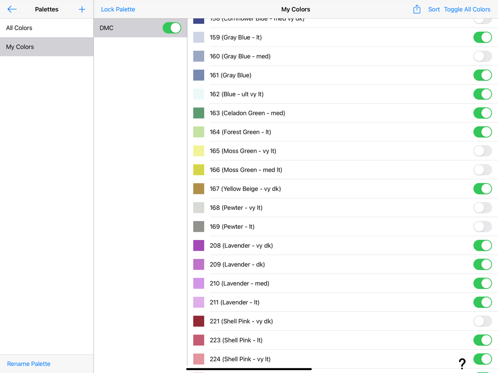 Custom DMC thread color palette selection screen on the Cross Stitch Creator iPad app