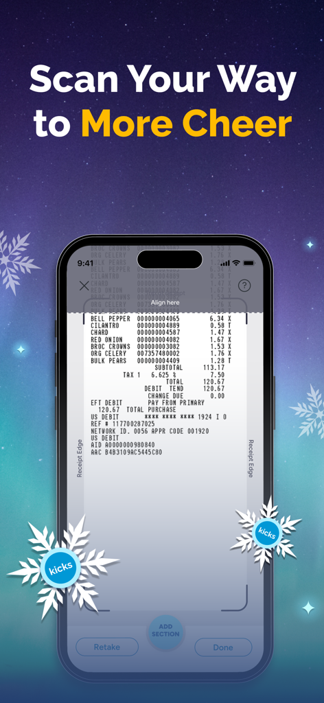 A smartphone screen showing the Shopkick app interface for scanning grocery receipts to earn reward points.