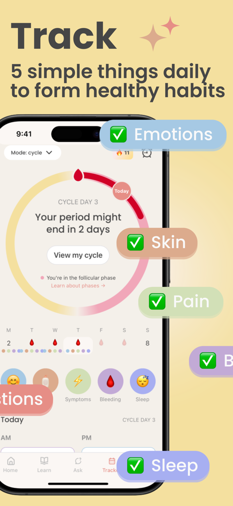 luna: teen health & period app - Interfaccia dell'app Luna che mostra un tracker del ciclo mestruale e icone per registrare abitudini quotidiane come emozioni, dolore alla pelle e sonno