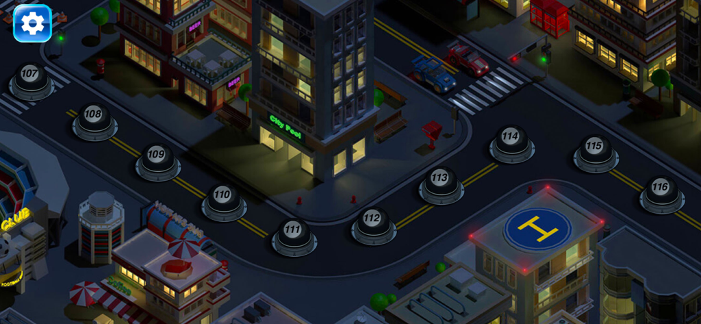 Level selection screen for Pooking Billiards City showing a 3D city map with numbered pool balls as stages