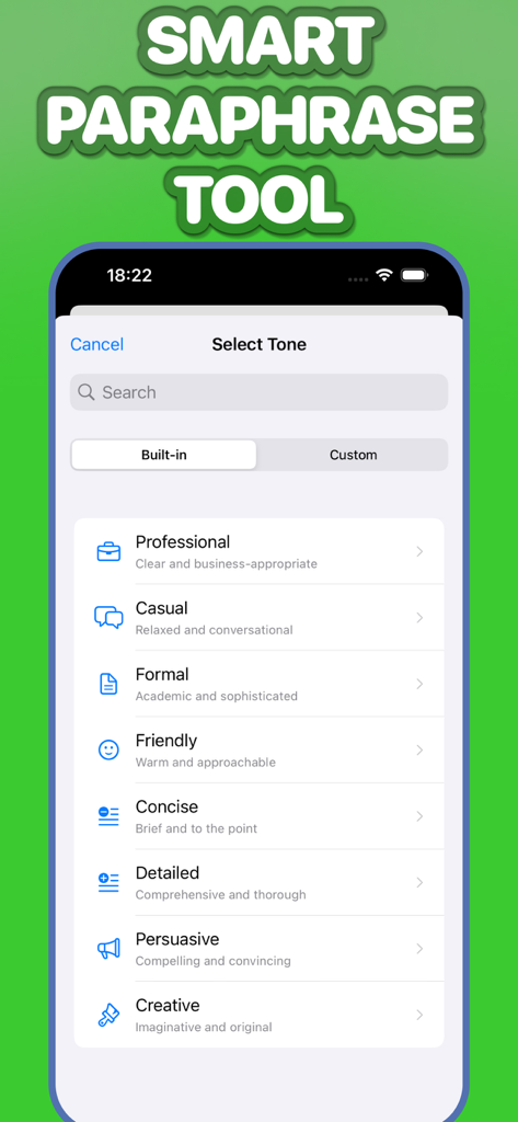 Grammar Check Corrector + - Screenshot of the Grammar Check Corrector app showing a selection of writing tones including professional casual and formal