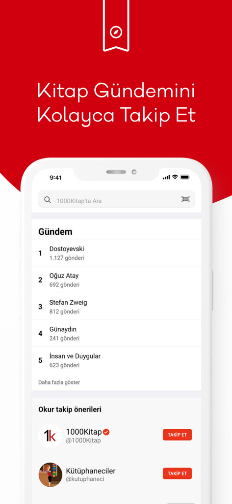 1000Kitap mobile app interface showing trending book topics and user recommendations to follow