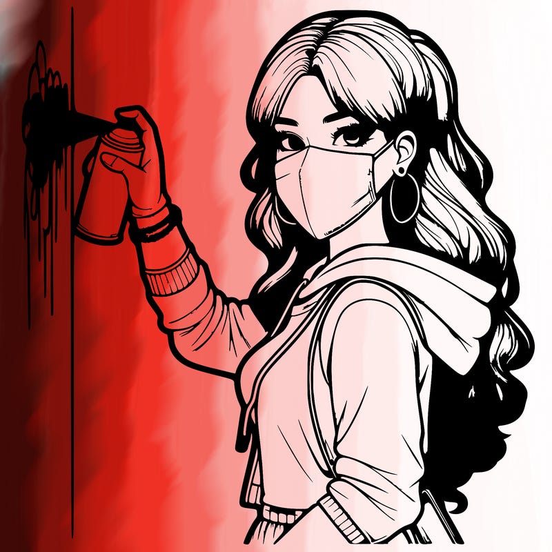 realistic girl with mask spray painting a wall