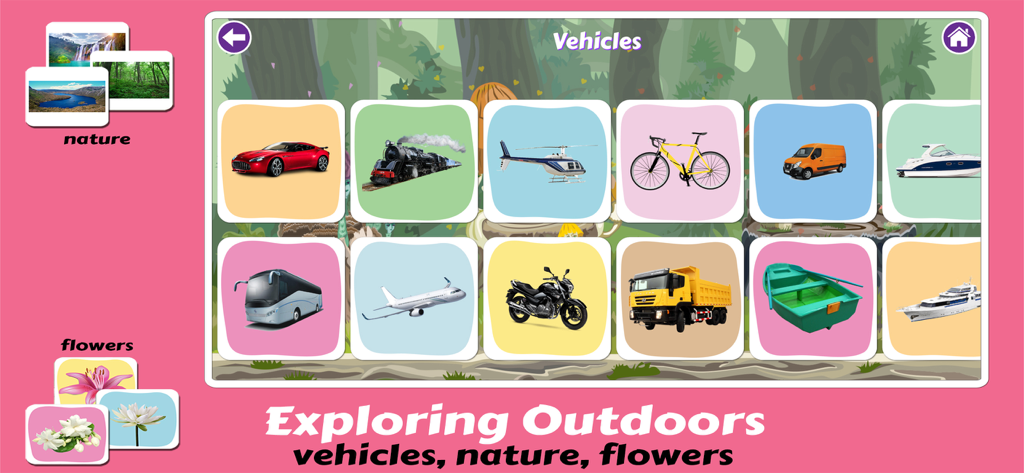 Pre K Preschool Learning Games - Preschool learning game interface showing various vehicles like a car, train, and airplane for toddlers.