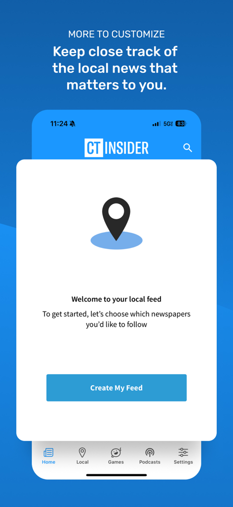CT Insider - 지도 핀 아이콘으로 맞춤형 지역 뉴스 피드를 사용자 지정하는 CT Insider 앱 화면
