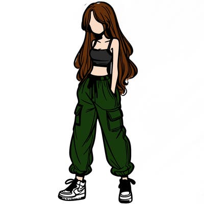 girl in baggy pants crop top and long hair