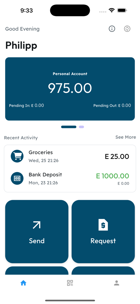 Dashboard view of DeltaPay Eswatini app showing account balance recent activity and send and request money options