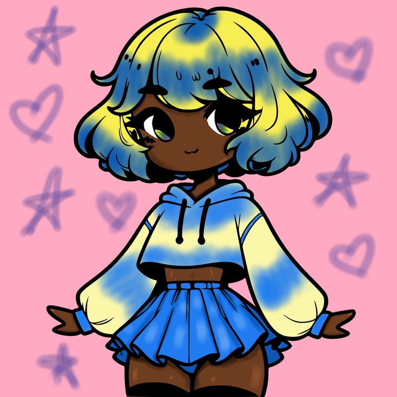 cute femboy with short, fluffy hair that softly frames their face, wearing a cropped hoodie, paired with a flouncy short skirt, and thigh-high stockings