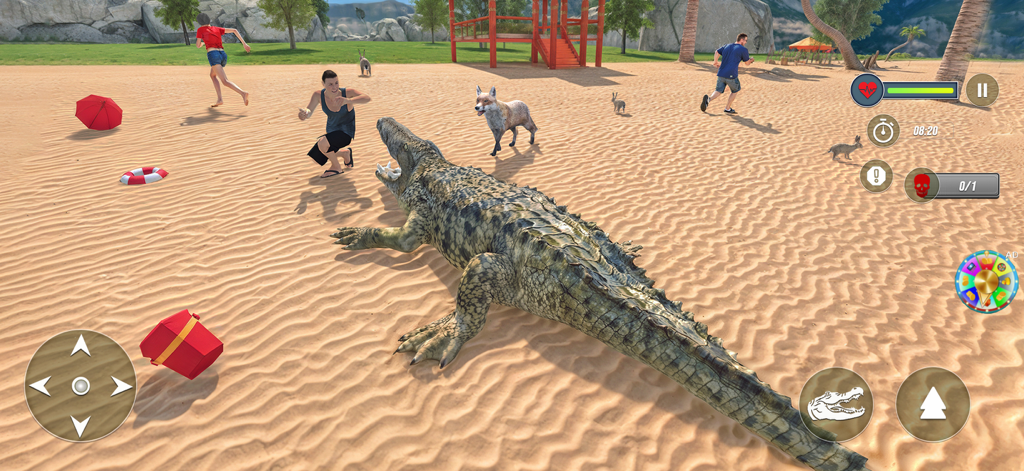 Wild Animals Crocodile Games - A 3D crocodile attacking people and small animals on a sunny beach in a simulation game