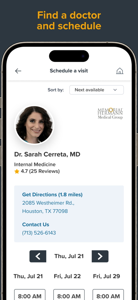 My Memorial Hermann™ - Interface of the My Memorial Hermann app showing a doctor's profile and appointment scheduling options.