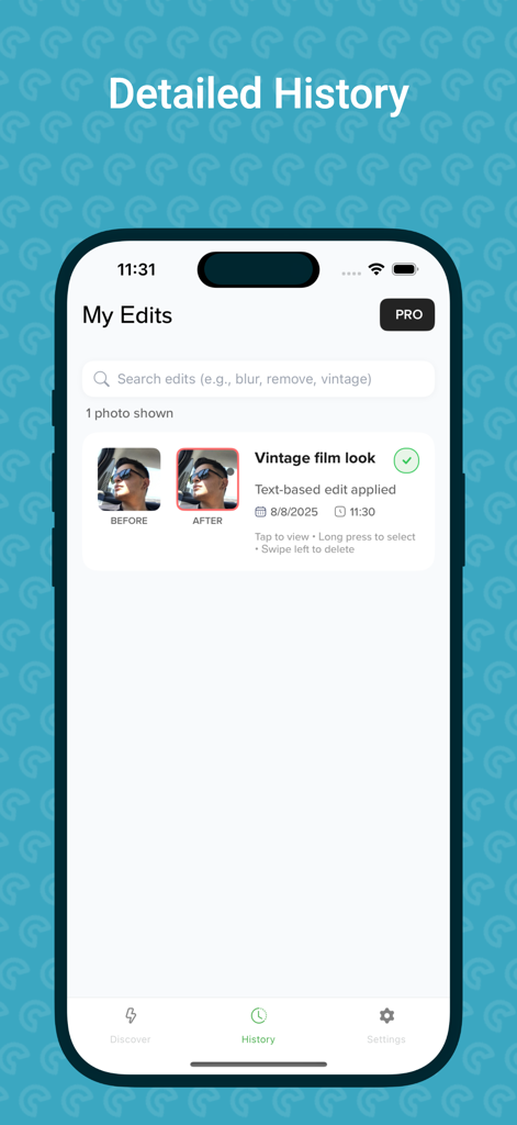 AI Edit Photo With Text | Easy - History screen of the AI photo editing app showing past edits and before after previews.