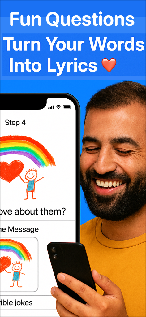 Song Chef - A man smiling while using the Song Chef app on his phone to turn fun questions into personalized song lyrics.