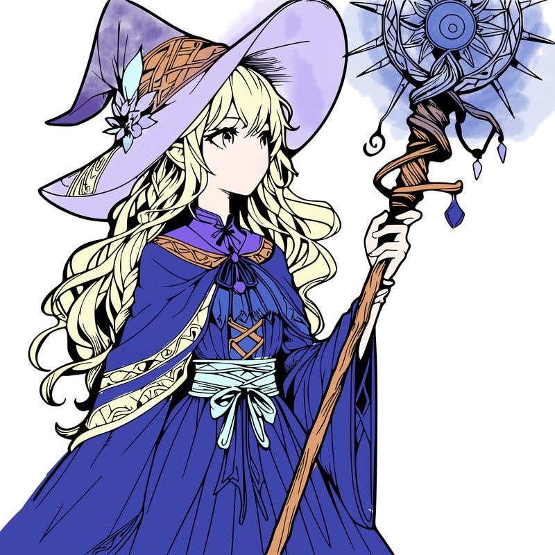 a realistic fantasy manga witch with a staff