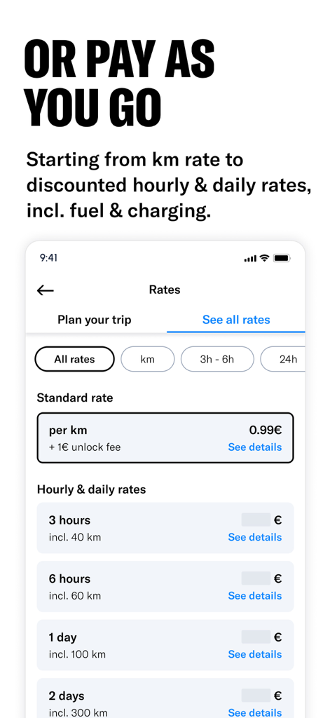 A mobile app interface displaying car sharing pricing options including pay per kilometer and daily rates
