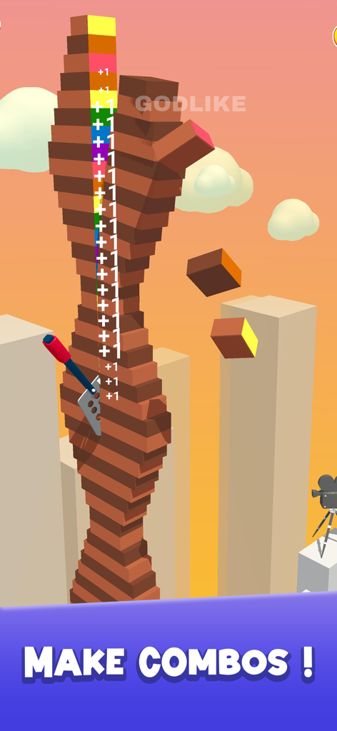 A knife slicing through a tall wooden tower to make combos in Slice It All