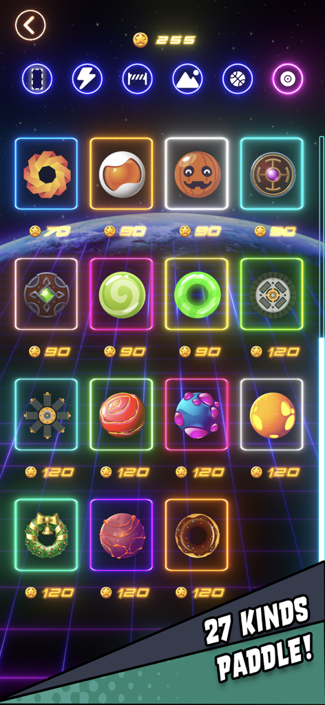 Air Hockey Glow HD Arcade 2D - Air hockey paddle selection screen with various neon designs and coin prices