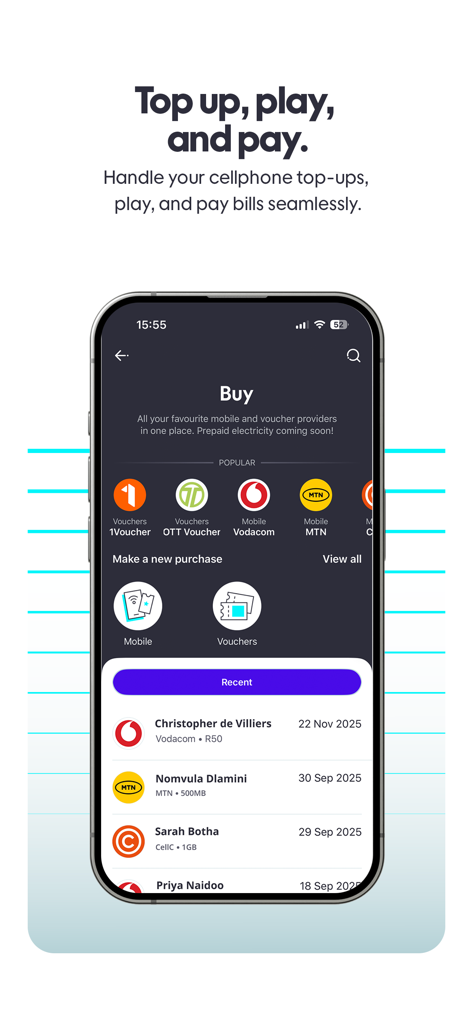 GoTyme Bank app interface showing options for mobile airtime top-ups and digital voucher purchases from South African providers.