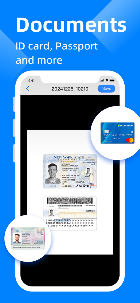 DR Scanner - PDF Scanner - A mobile phone screen showing the DR Scanner app interface with a scanned New York State ID card and identity documents.
