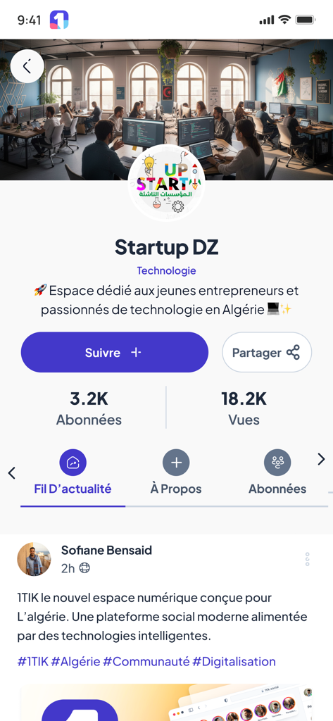 1tik - Screenshot of the 1tik app displaying the Startup DZ technology community page with followers and news feed
