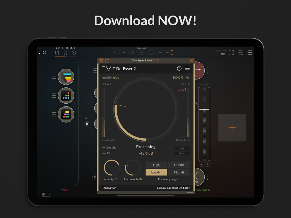 T-De-Esser 2 - T-De-Esser 2 Audio-Plugin-Oberfläche für Musikproduktion auf dem iPad