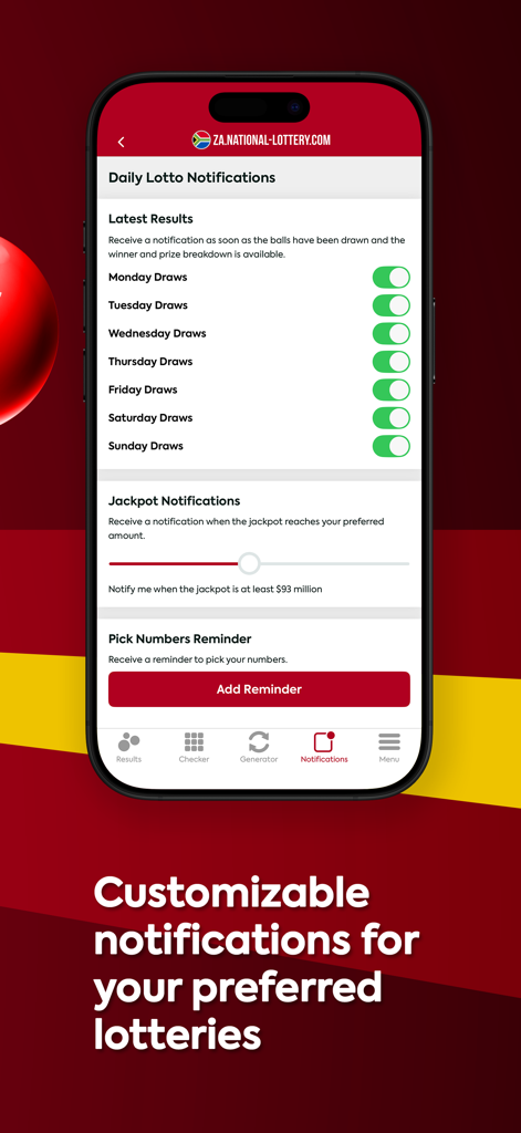 SA Lottery Results - Customizable notification settings for Daily Lotto draws and jackpot alerts in the SA Lottery Results app.