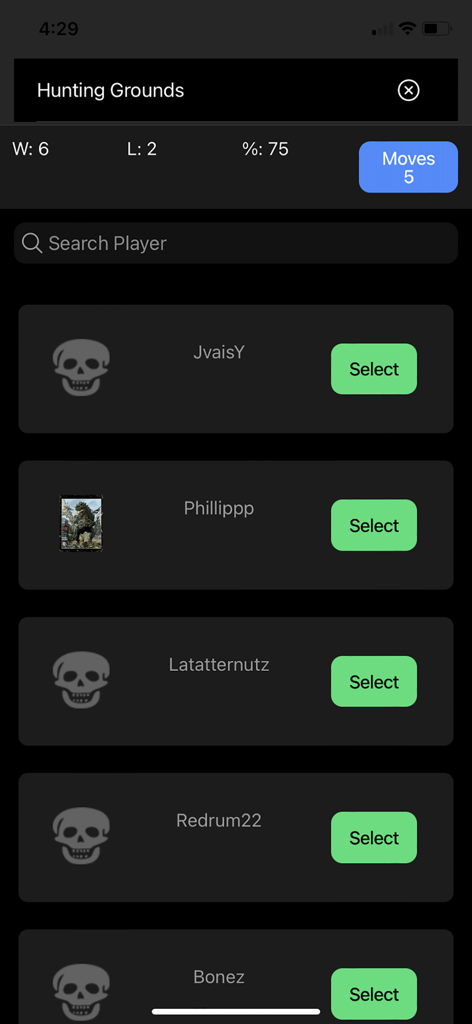Player selection list in the Hunting Grounds game mode of the Terror Cards app.