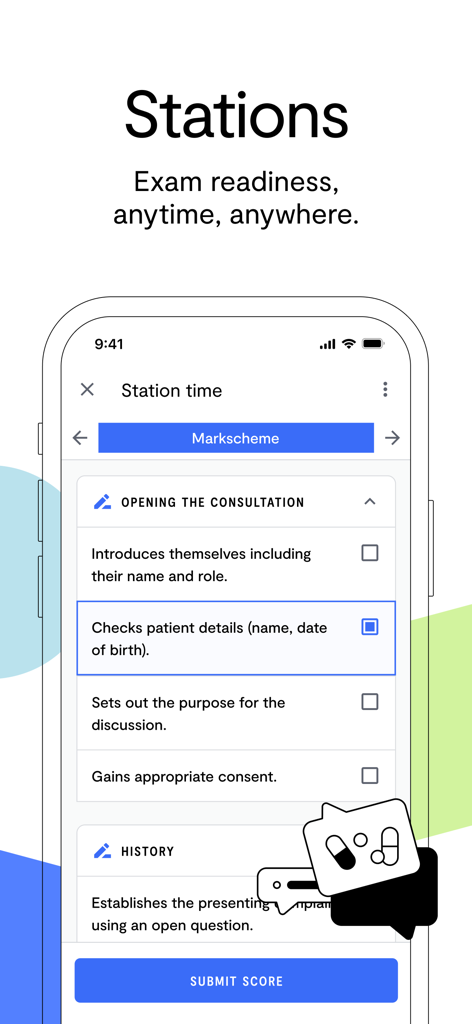 Quesmed - Quesmed app screen showing a clinical consultation markscheme checklist for medical exam preparation.