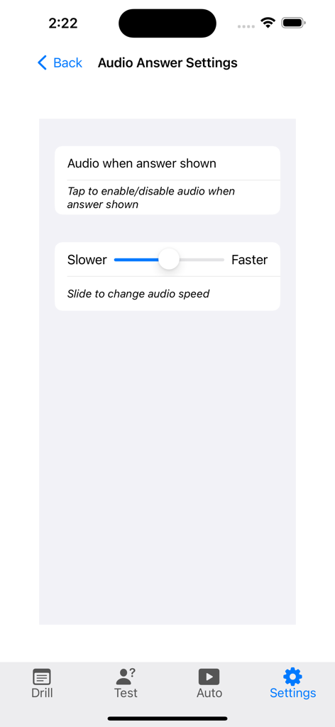 Bildschirm für Audio-Antwort-Einstellungen in der Verbi-App mit einem Schalter für Audio, wenn Antworten angezeigt werden, und einem Schieberegler zur Anpassung der Audiogeschwindigkeit.