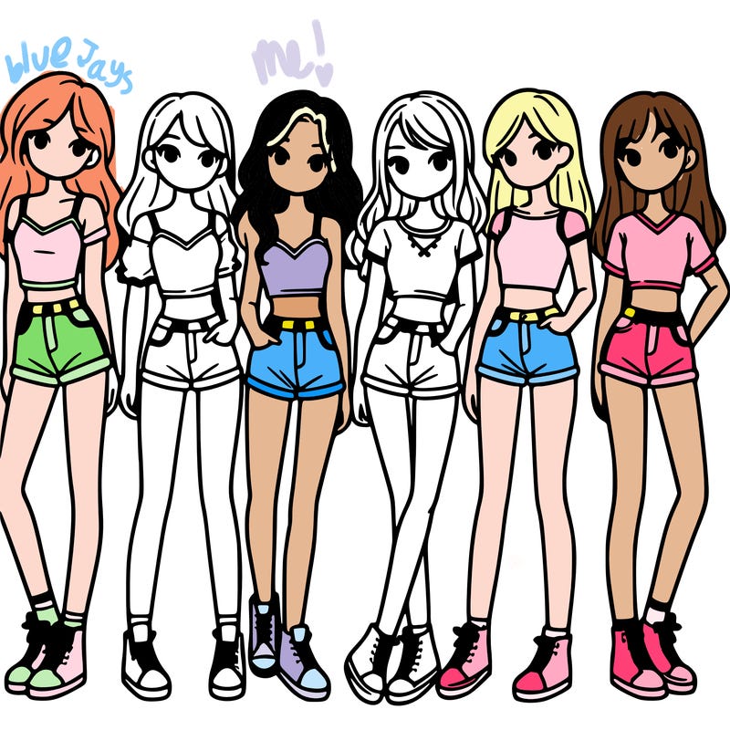 a group of girls wearing crop tops and shorts