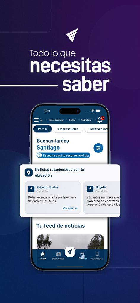 Interfaz de la aplicación móvil de Valora Analitik que muestra noticias financieras personalizadas y actualizaciones locales para EE. UU. y Colombia.